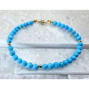 Blue Arizona Turquoise Round Beaded Gold Bracelet 4mm Beads Handmade